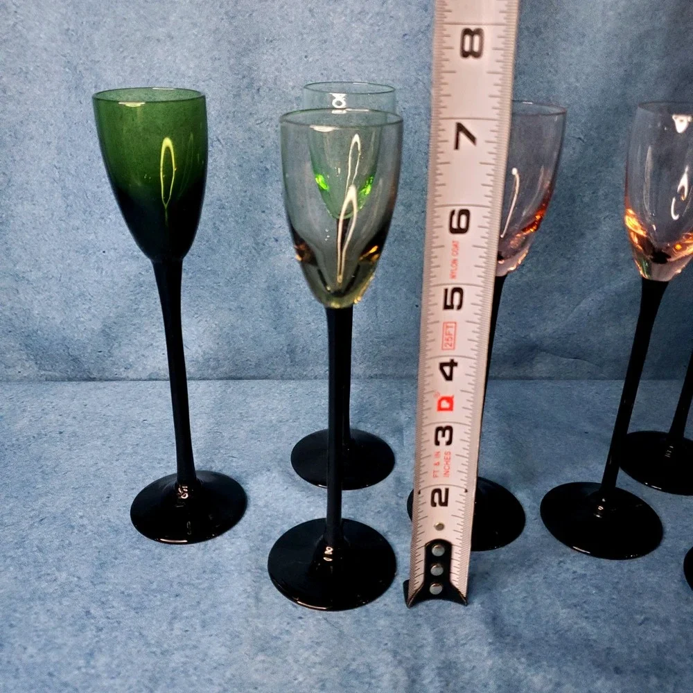 Vtg Set of 8 Multi Colored Cordial Glasses Black Long‎ Stem MCM 60s 70s Bar Cart